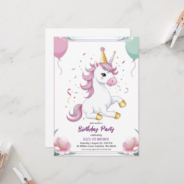 invitations à l'anniversaire de la licorne mignonn (Devant/Arrière en situation)