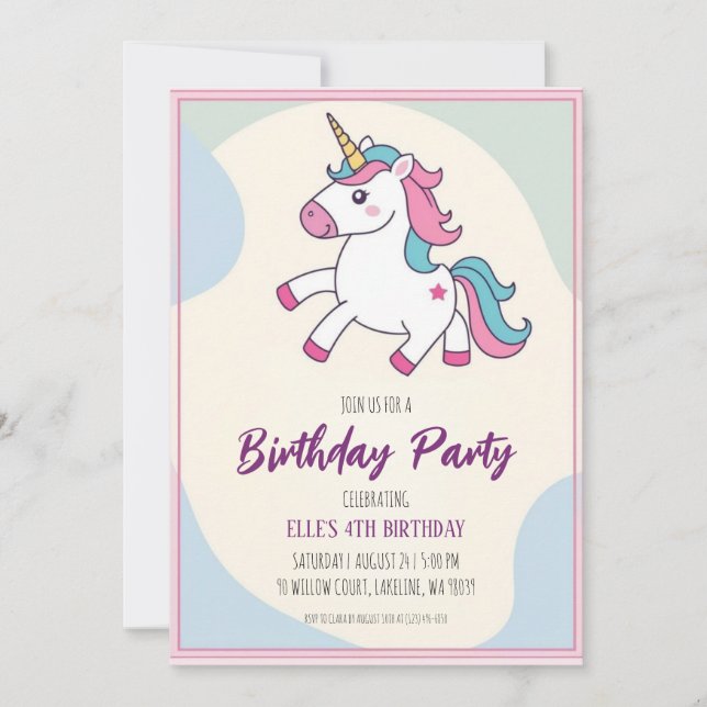 invitations à l'anniversaire de la licorne mignonn (Devant)