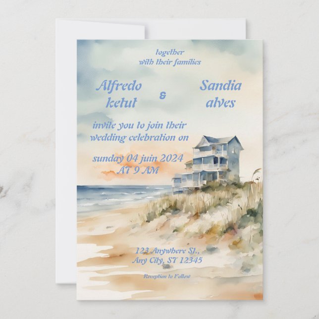 invitations à mariage d'été plage bleu océan (Devant)