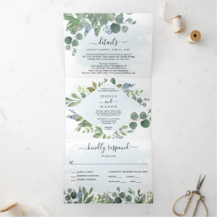 Invitations à trois volets Mariages Dusty Blue Euc