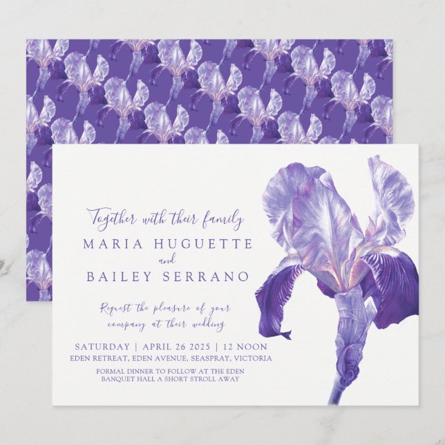 Invitations à un mariage d'art botanique iris ultr (Devant / Derrière)