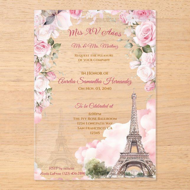 Invitations Acryliques Blush Pink Paris Quinceañer (Recto)