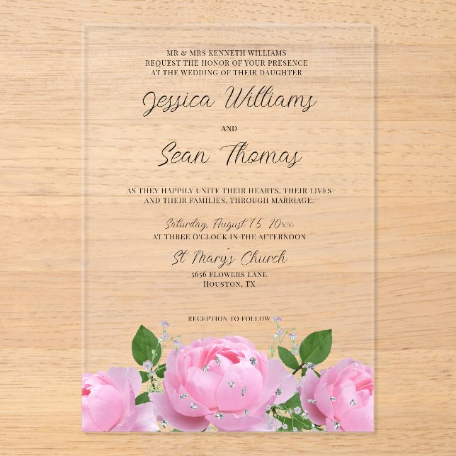 Invitations acryliques Mariages rose élégant (Recto)