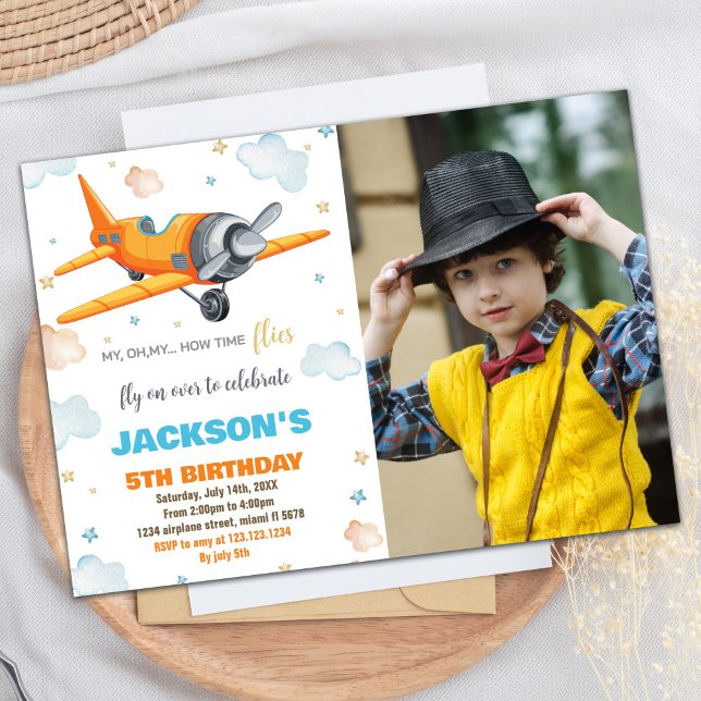 Invitations Anniversaire De L'Avion Orange Avec Ph (Airplane Birthday Invitations Orange With Photo)
