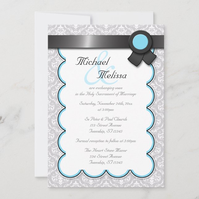 Invitations Aqua Blue & Grey Mariage damassé (Devant)