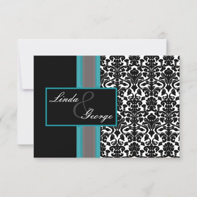 Invitations Aqua White Black Mariage damassé (Devant)