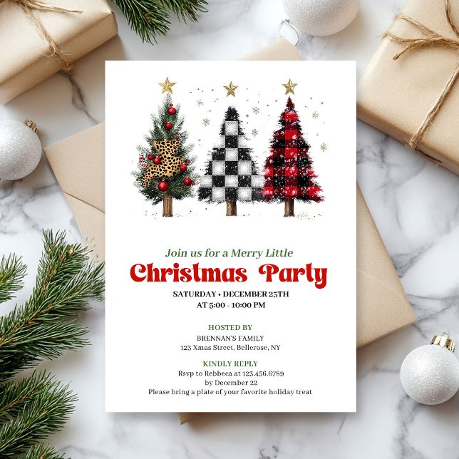 Invitations arbre de Noël rouge noir buffle festif (Festive red black buffalo Christmas tree invitation)