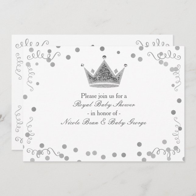 Invitations Argent Royal Crown & Confetti Party (Devant / Derrière)
