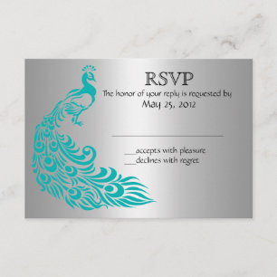 Invitations argentées et turquoises du paon RSVP