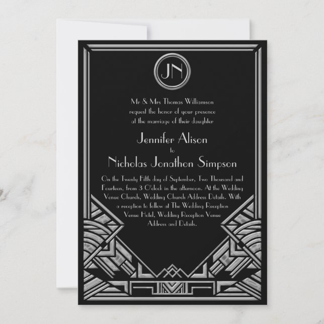 Invitations argentés noirs de mariage de style de (Devant)