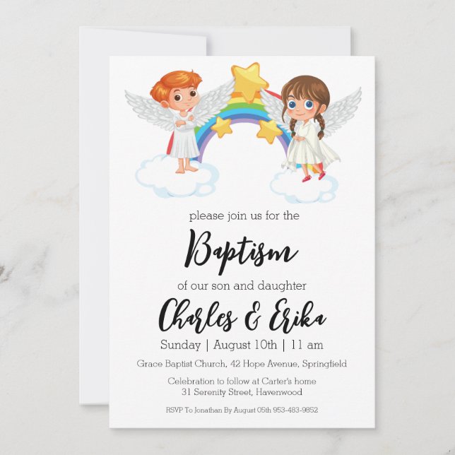 invitations au baptême jumeau moderne (Devant)