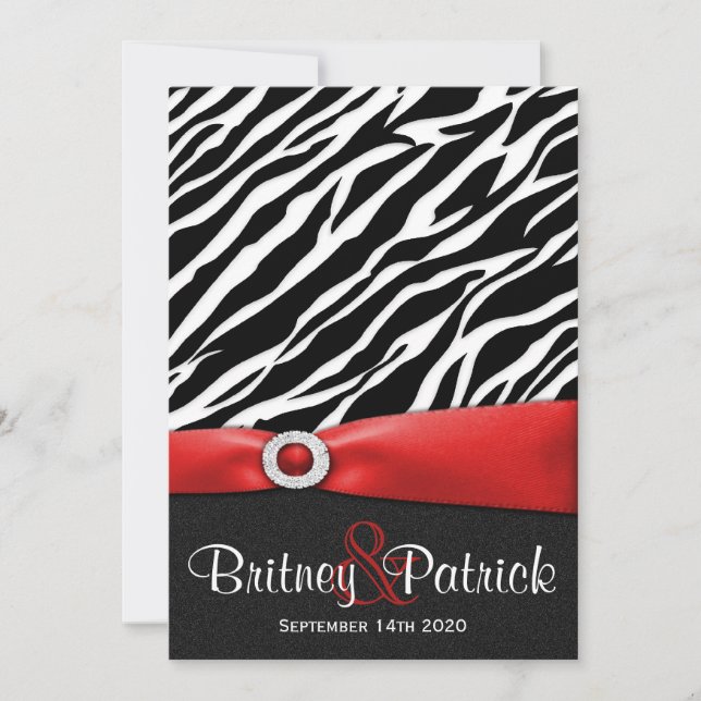 Invitations au mariage blanc noir rouge Zebra (Devant)