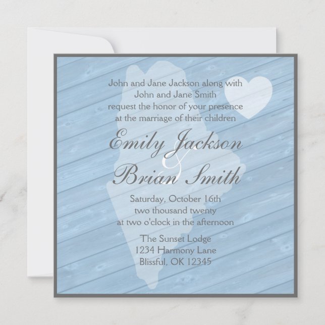 Invitations au mariage bleu du Maine en bois rusti (Devant)