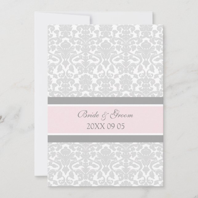 Invitations au mariage Damas blanc gris rose (Devant)