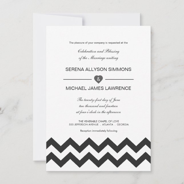 Invitations au mariage de Chevron moderne noir et  (Devant)