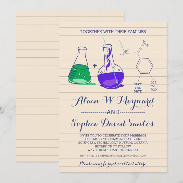 Invitations au mariage de chimie violette et verte (Devant / Derrière)