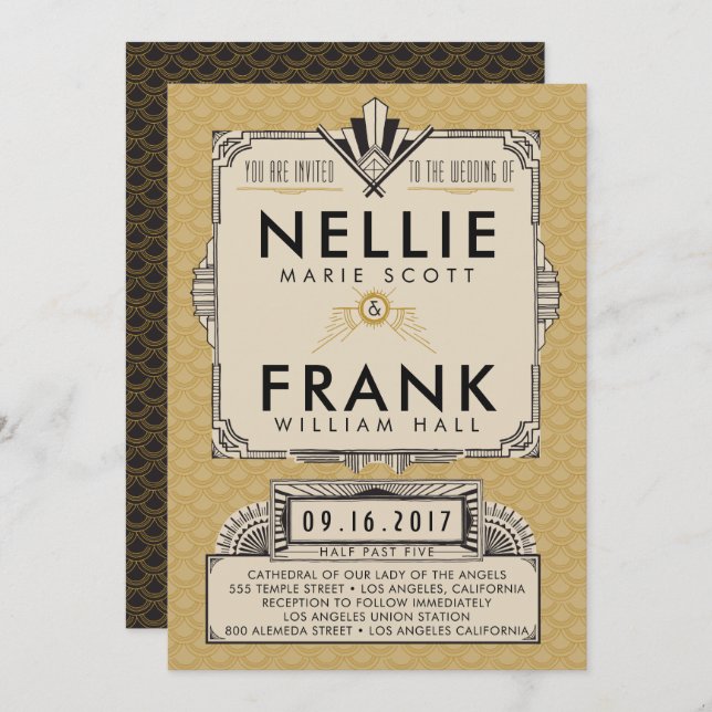 Invitations au mariage de Gatsby Black et Gold (Devant / Derrière)
