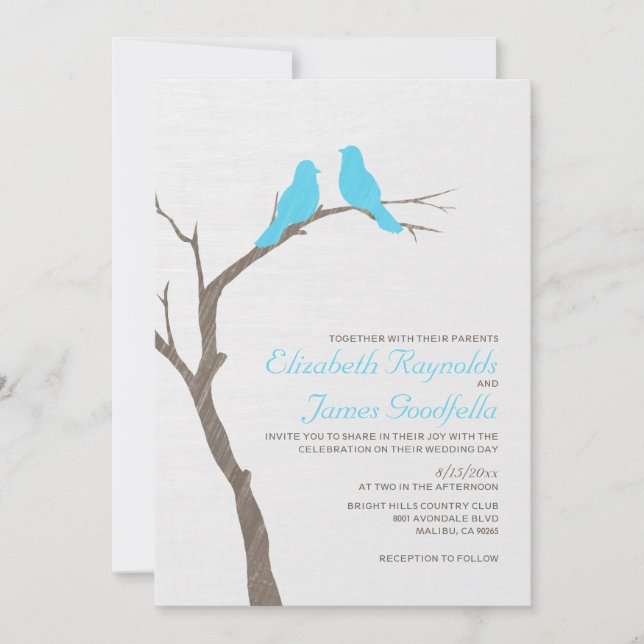 Invitations au mariage des oiseaux bleus modernes (Devant)