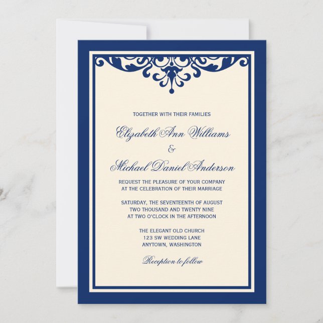Invitations au mariage florissant bleu et ivoire d (Devant)