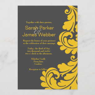 Invitations au mariage moderne gris et jaune damas