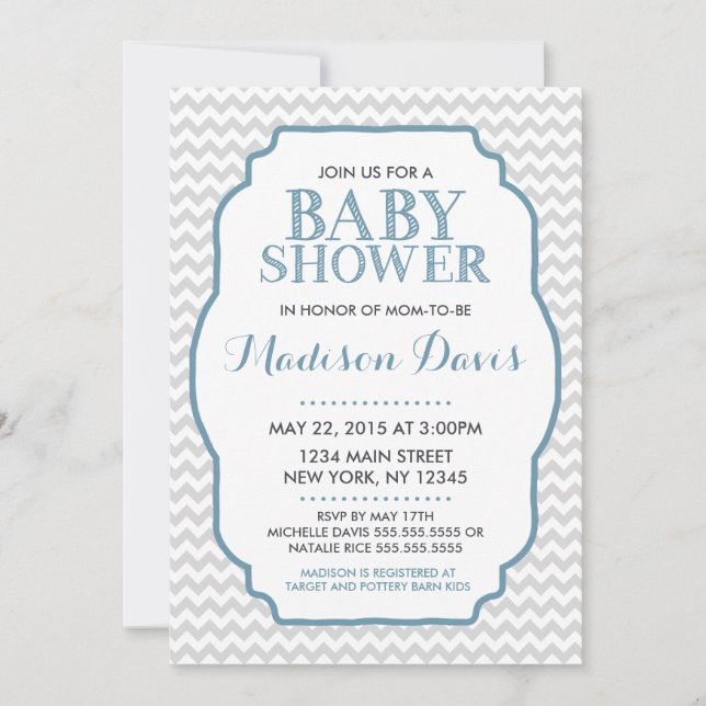 Invitations Baby showers modernes Blue et Grey Che (Devant)