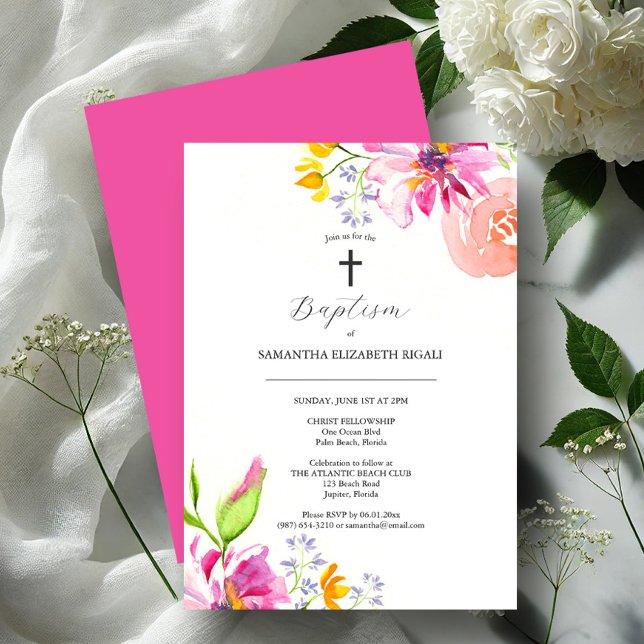 Invitations Baptême rose Fleurs aquarelles (Girl baptism invitations watercolor flowers art by Victoria Grigaliunas Do Tell A Belle)
