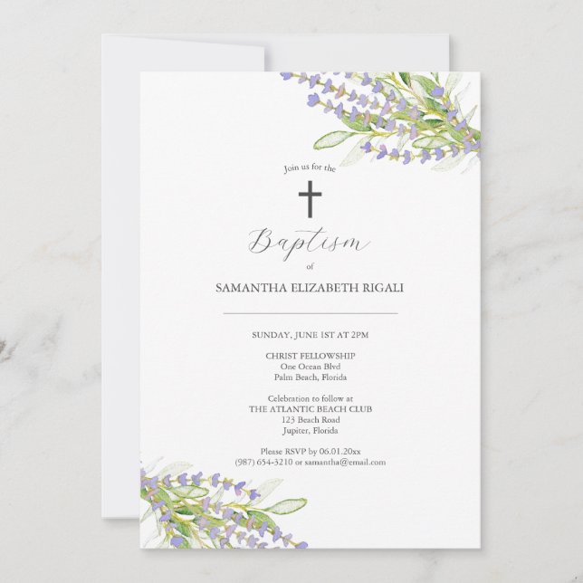 Invitations Baptême Unique Fleurs de Lavande (Devant)
