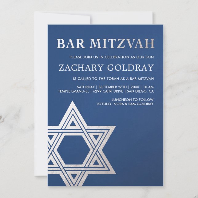 Invitations Bar Mitzvah| Faux Silver Foil Star (Devant)
