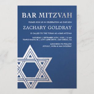 Invitations Bar Mitzvah  Faux Silver Foil Star