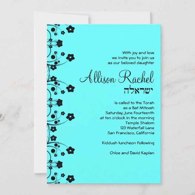 Invitations Bat mitzvah Allison Sweet Flowers Bleu (Devant)