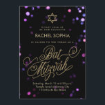 Invitations bat mitzvah | Élégant violet et or<br><div class="desc">Des lumières de confettis bokeh brillent dans rose, violet et bleu translucide en l'arrière - plan de cette invitation glamour Bat mitzvah, avec une fausse feuille d'or Star de David et marqueur de parties scintillant d'or écrivant "Bat mitzvah" dans un script sophistiqué avec beaucoup de fleurs. Veuillez noter qu'il ne...</div>