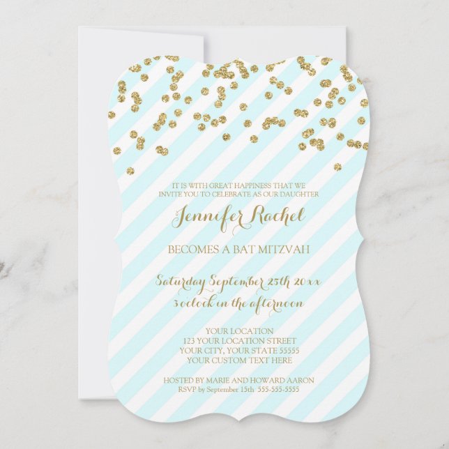 Invitations Bat mitzvah Gold Sky Blue Stripes (Dos)
