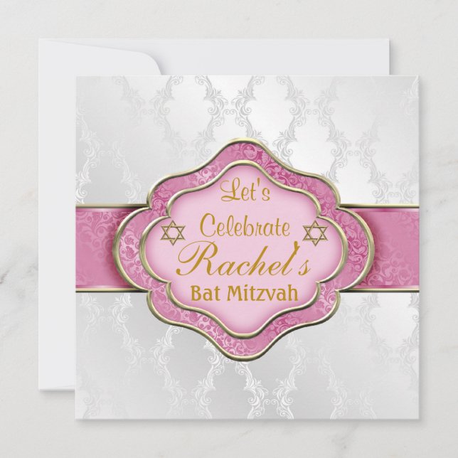 INVITATIONS Bat mitzvah PINK WHITE ELEGANT Damask (Devant)