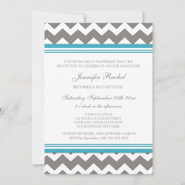Invitations Bat mitzvah Turquoises Gray Chevron (Dos)