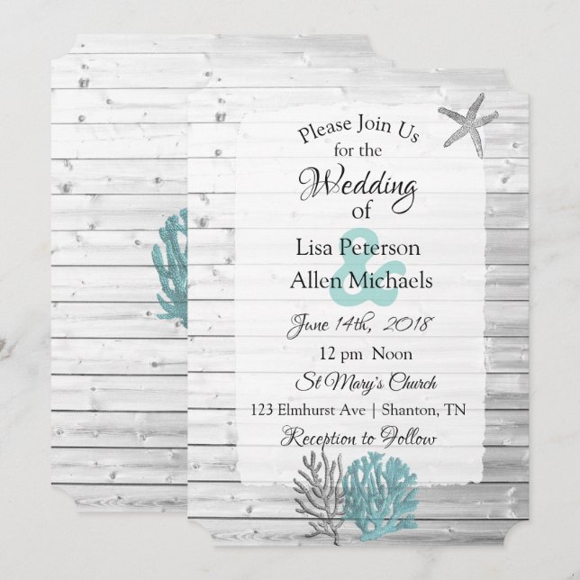 Invitations Beachy White Washed Wood Wedding (Devant / Derrière)