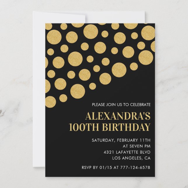 Invitations Black 100e anniversaire Gold Confetti (Devant)