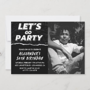 Invitations Black 10e anniversaire Boy Photo