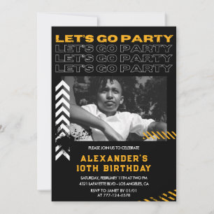 Invitations Black 10e anniversaire Boy Photo Spray