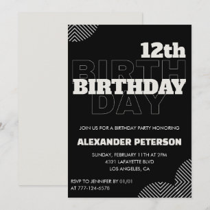 Invitations Black 12e anniversaire Boy de fête