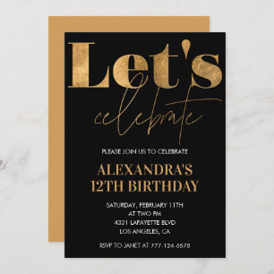 Invitations Black 12e anniversaire Gold Elegant