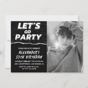 Invitations Black 13e anniversaire Boy Photo