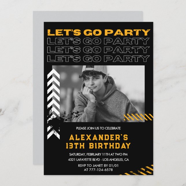 Invitations Black 13e anniversaire Boy Photo Spray (Devant / Derrière)