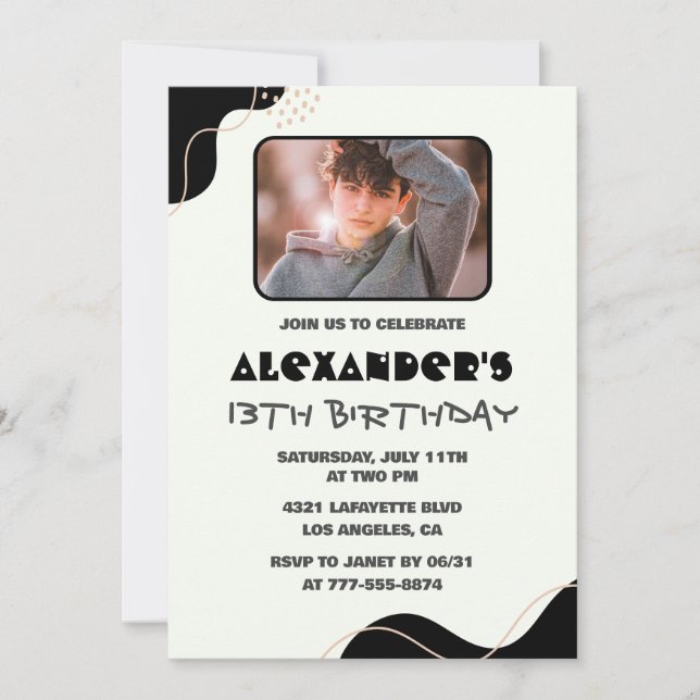 Invitations Black 13e anniversaire Boy Simple Phot (Devant)