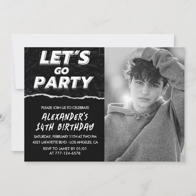 Invitations Black 14e anniversaire Boy Photo (Devant)