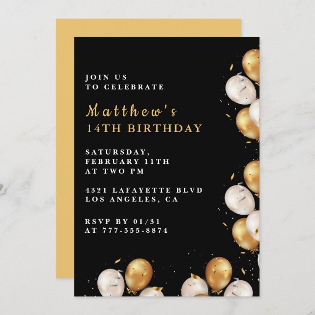 Invitations Black 14e anniversaire Gold Balloon Bo (Devant / Derrière)