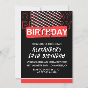 Invitations Black 17e anniversaire Men Party Red