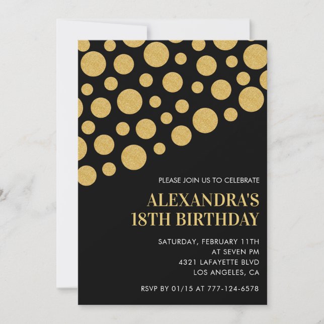 Invitations Black 18e anniversaire Gold Confetti (Devant)