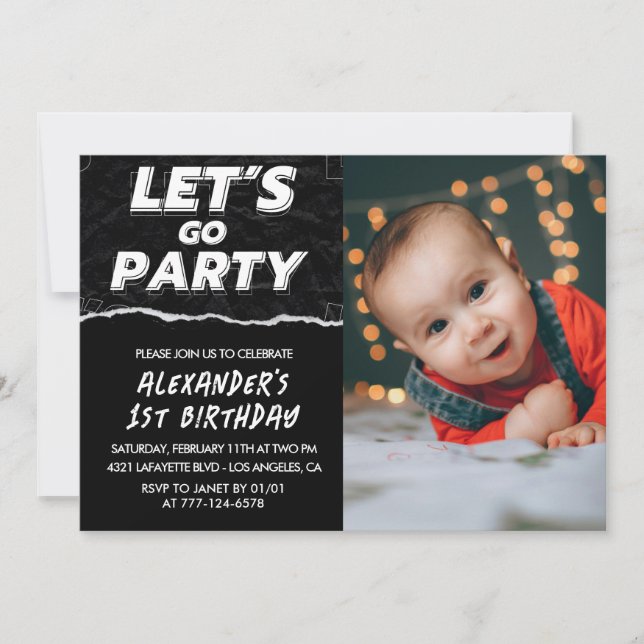 Invitations Black 1er anniversaire Boy Photo (Devant)