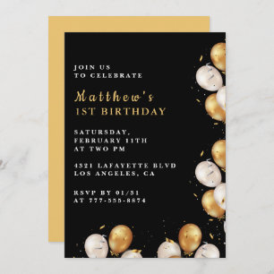 Invitations Black 1er anniversaire Gold Balloon Bo