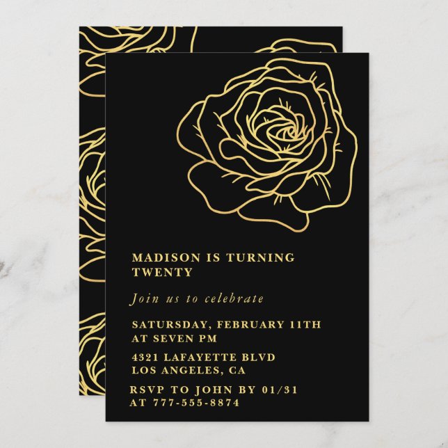 Invitations Black 20e anniversaire Gold Floral (Devant / Derrière)